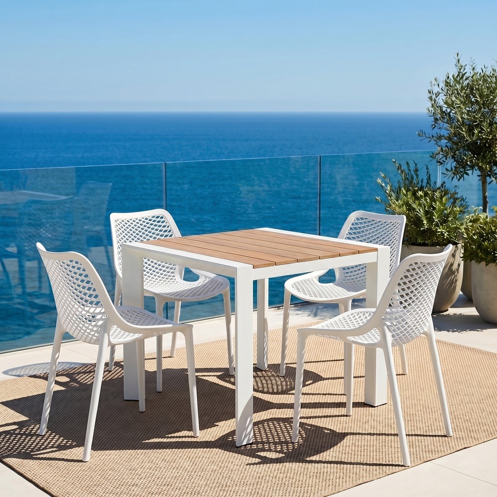 Teak Top Alum Dining Table in White - APW-WH-80D- View1 1